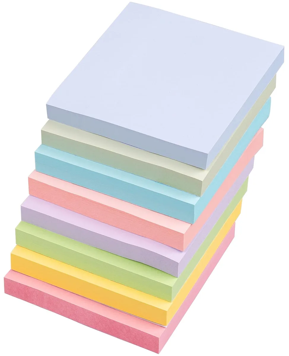 Eight square sticky-note pads in pastel colours, 100 sheets each