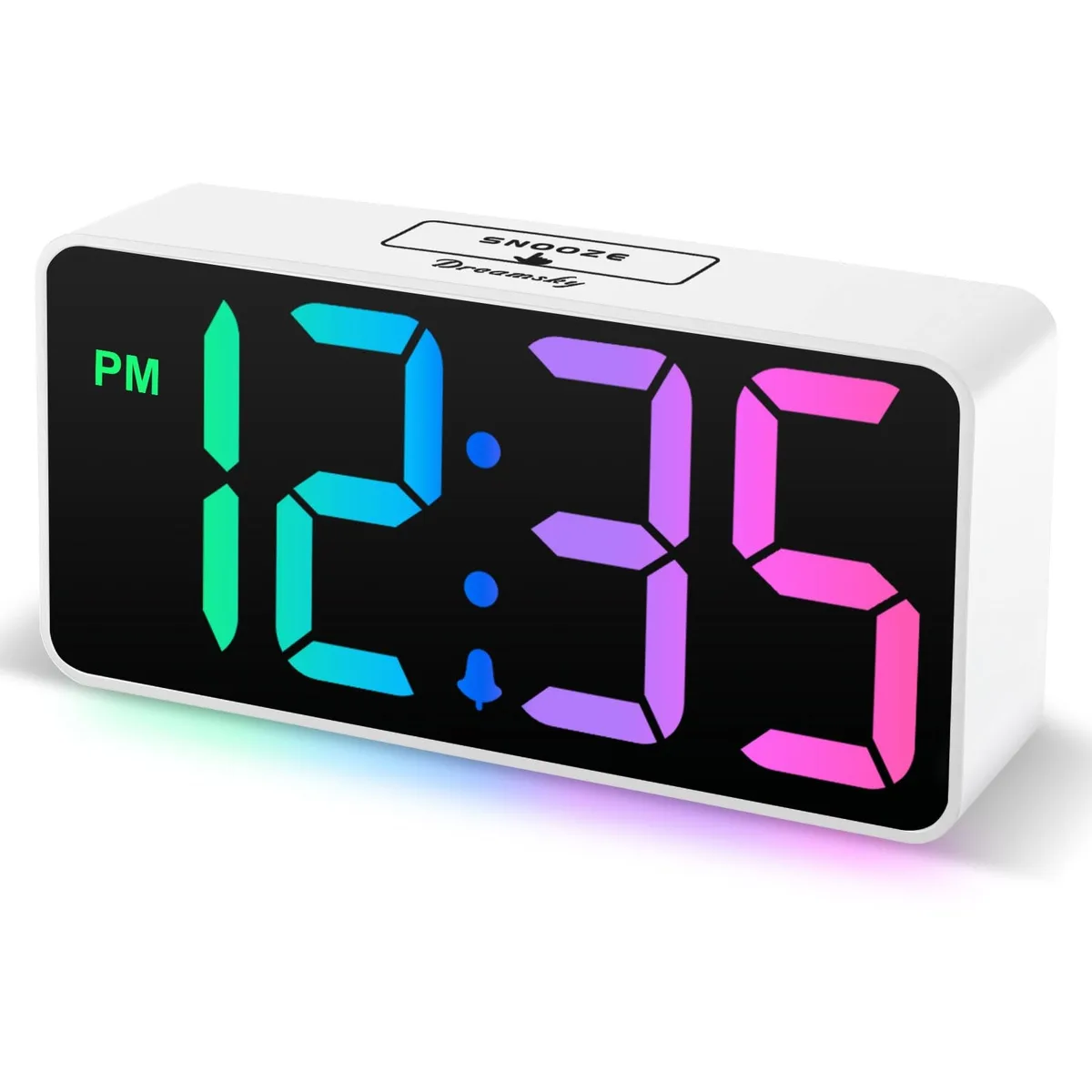 White rectangular digital clock 5.3 in wide with RGB LED digits