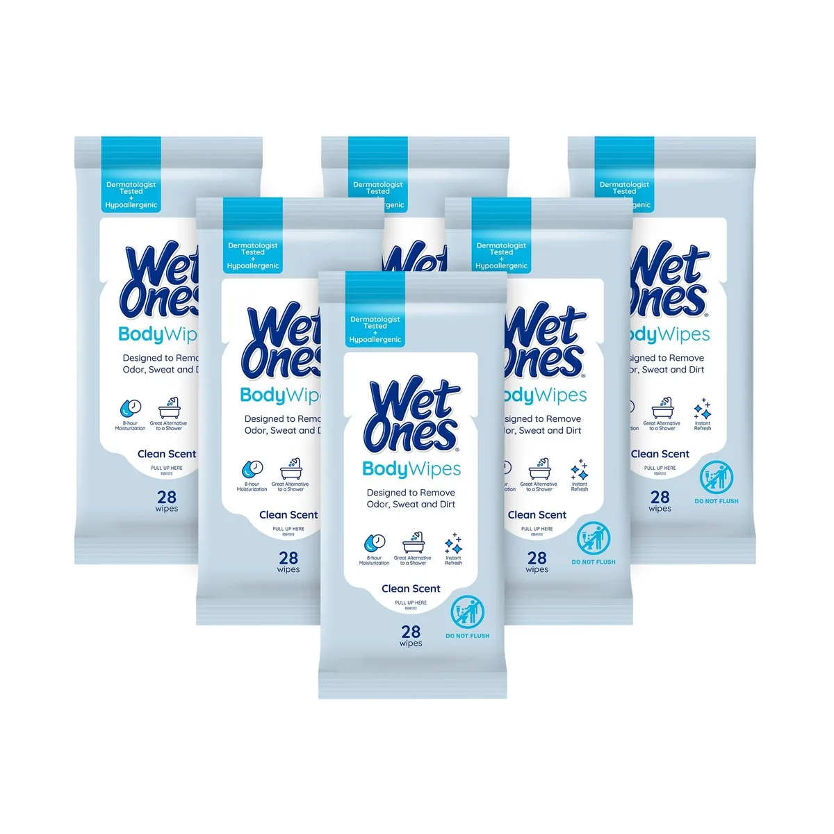 Six white rectangular packs of 28 body wipes each
