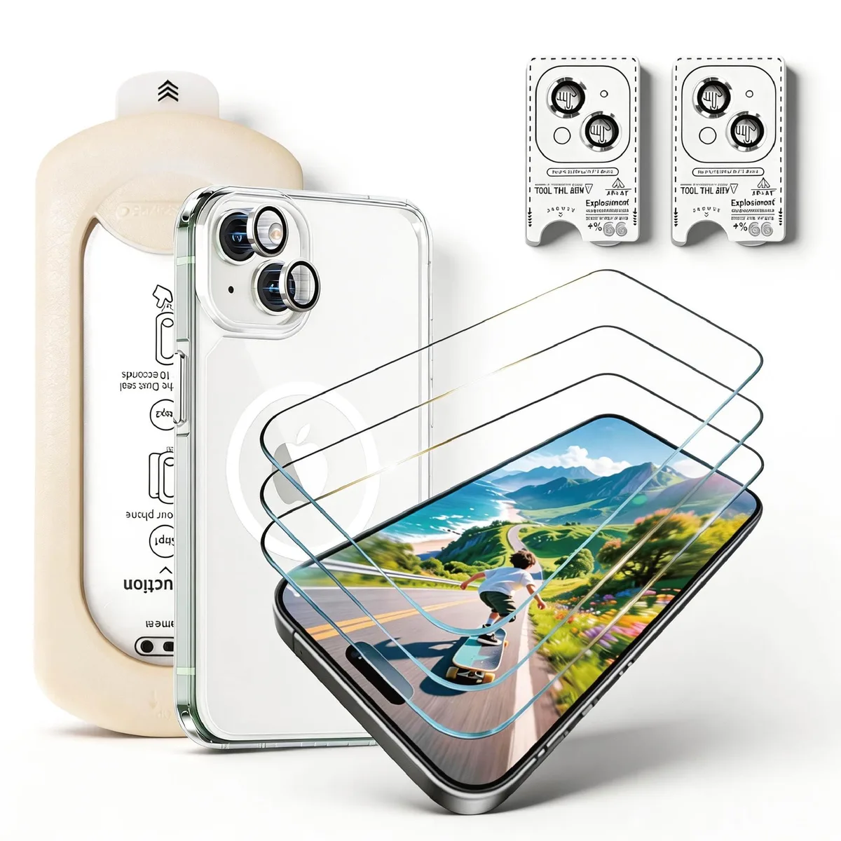 Three tempered-glass screen protectors, two camera lens protectors, and a clear case with alignment frame for iPhone 16