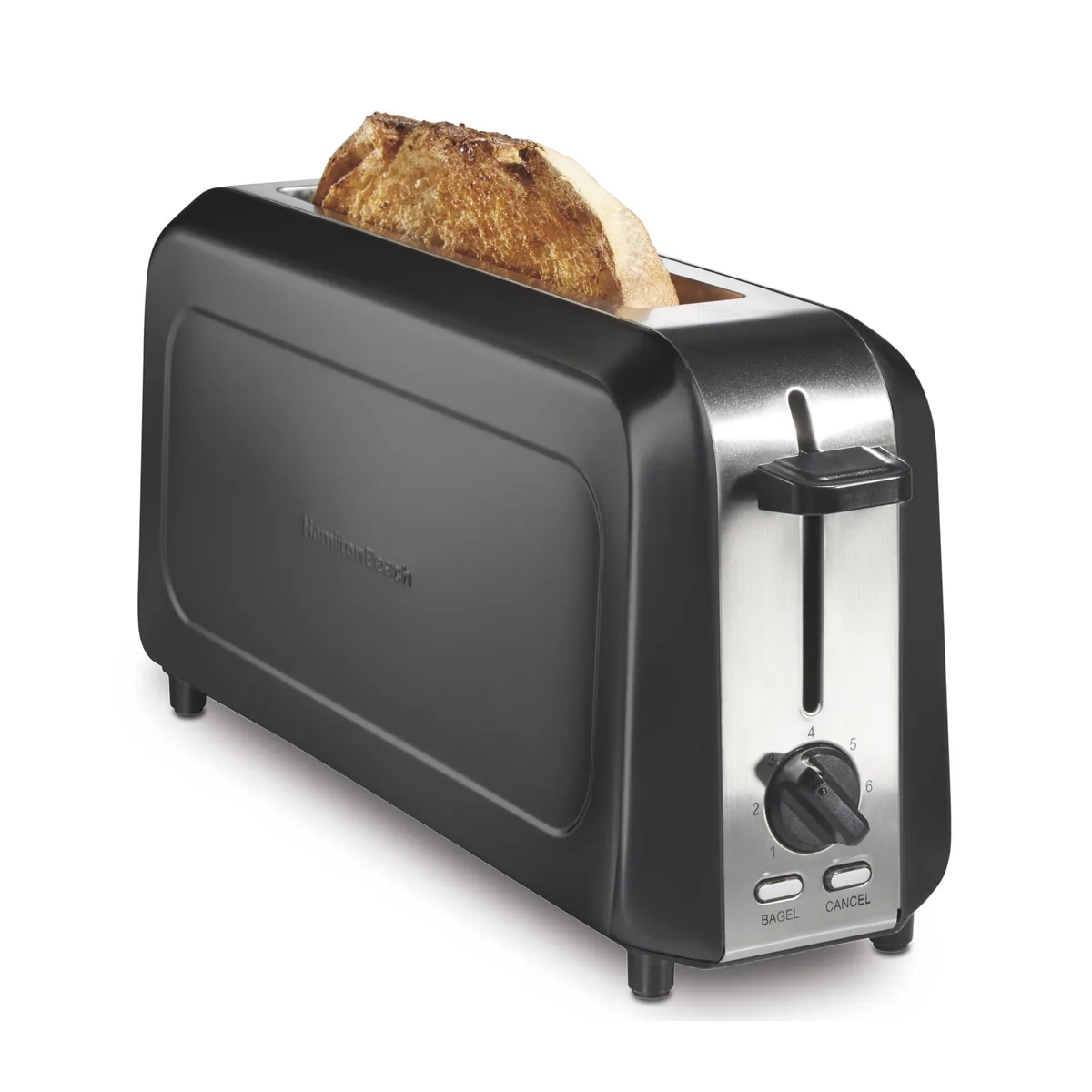 Slim black two-slice toaster with extra-long slot, 4.6 inches wide