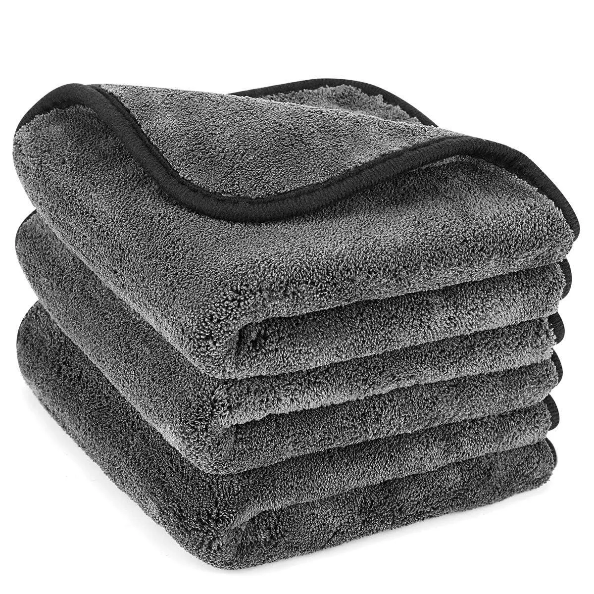 Three square grey microfiber cloths folded flat, each sixteen by sixteen inches, thick plush finish