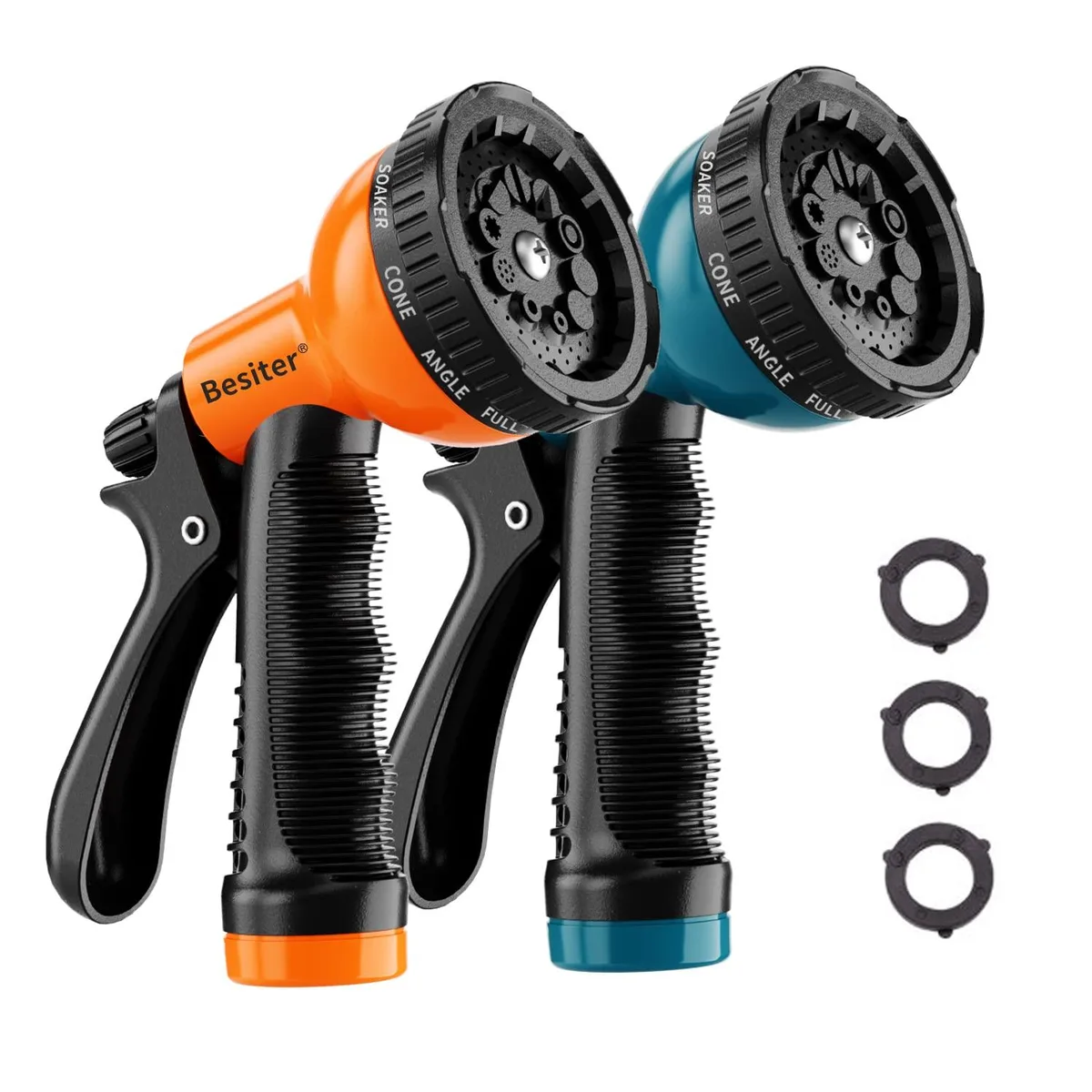 Two garden hose nozzles with ten-pattern dials and comfort grips