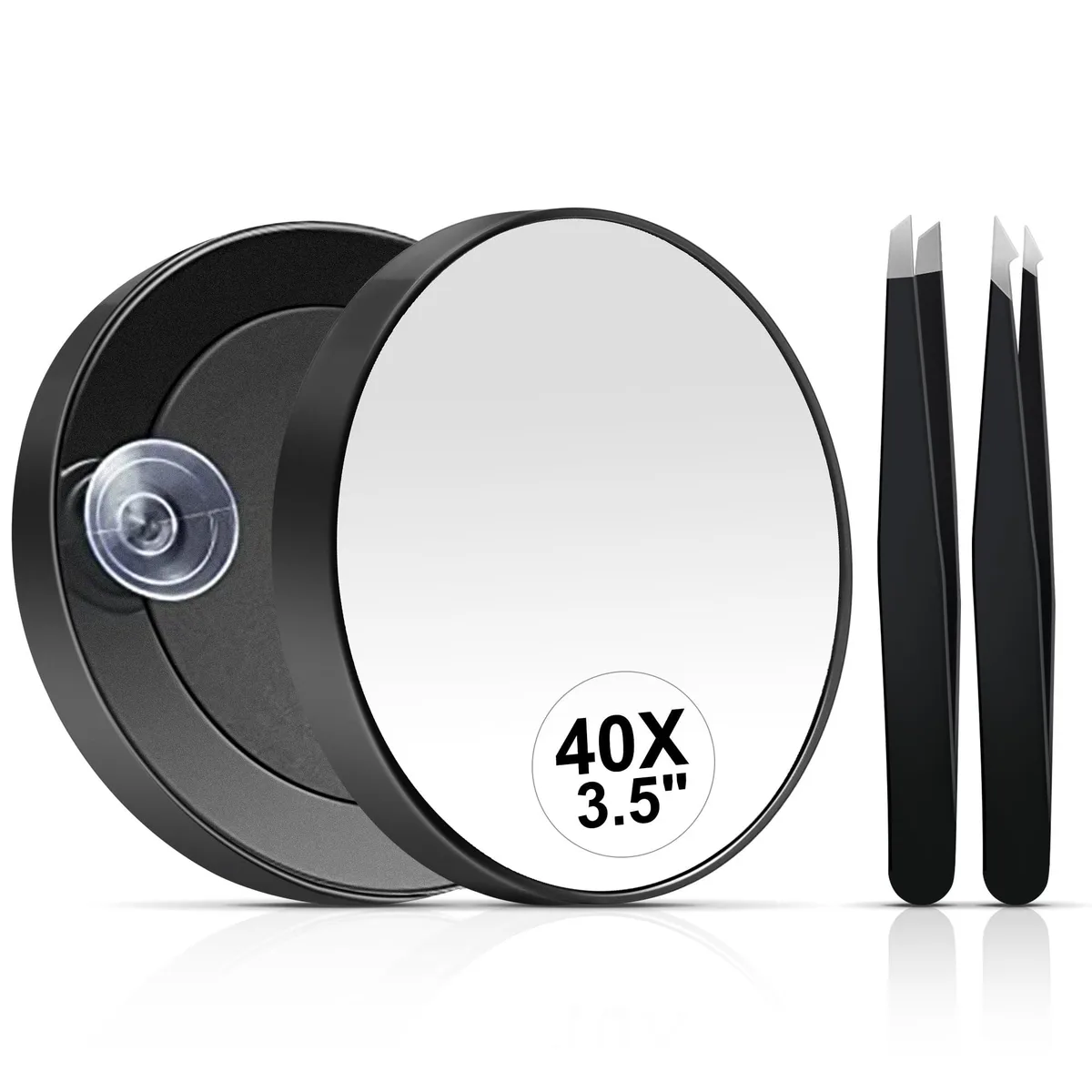 Small round black ABS mirror with two suction cups and stainless tweezers