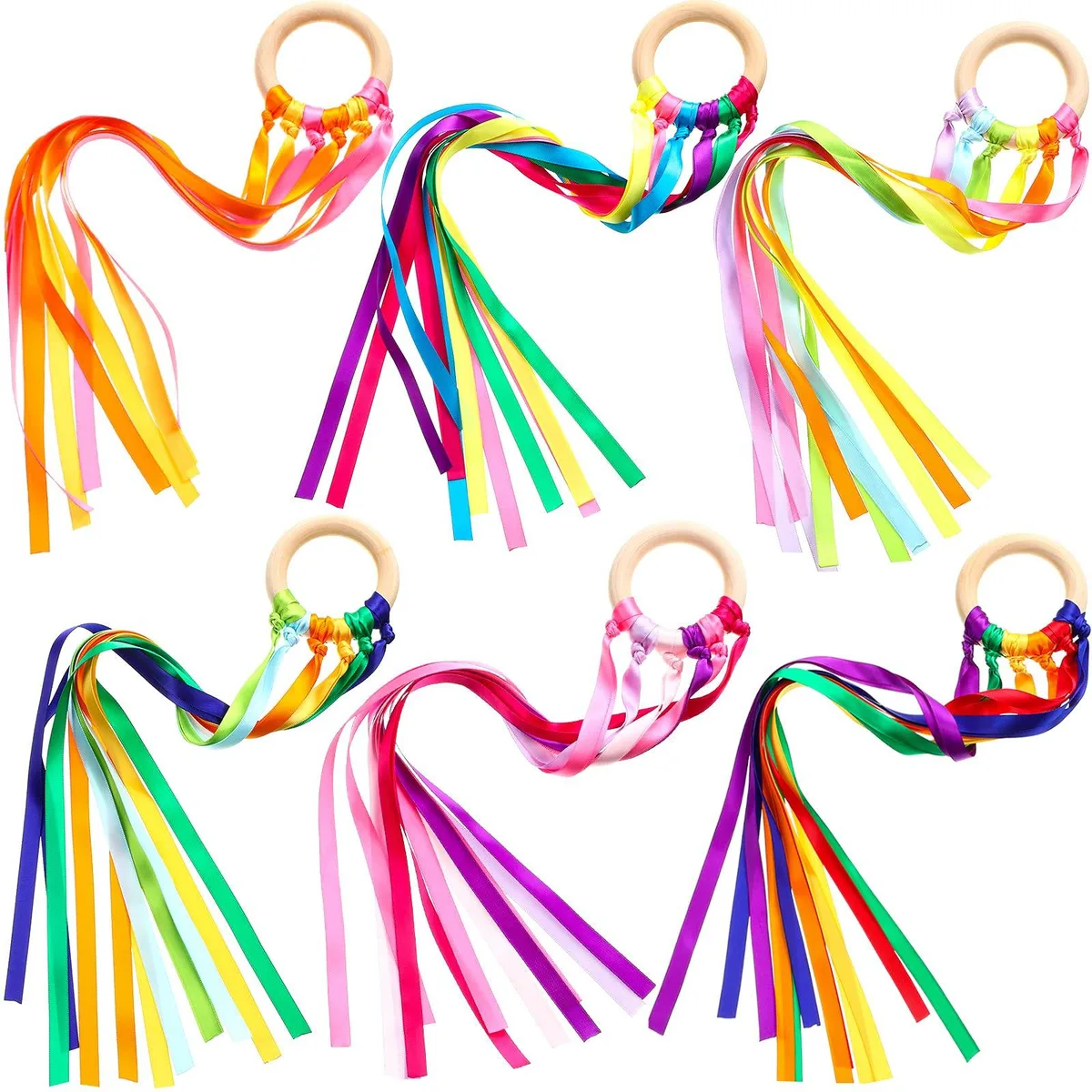 6 Pcs Rainbow Ribbon Hand Kites Wands Outdoor Toy — product photo