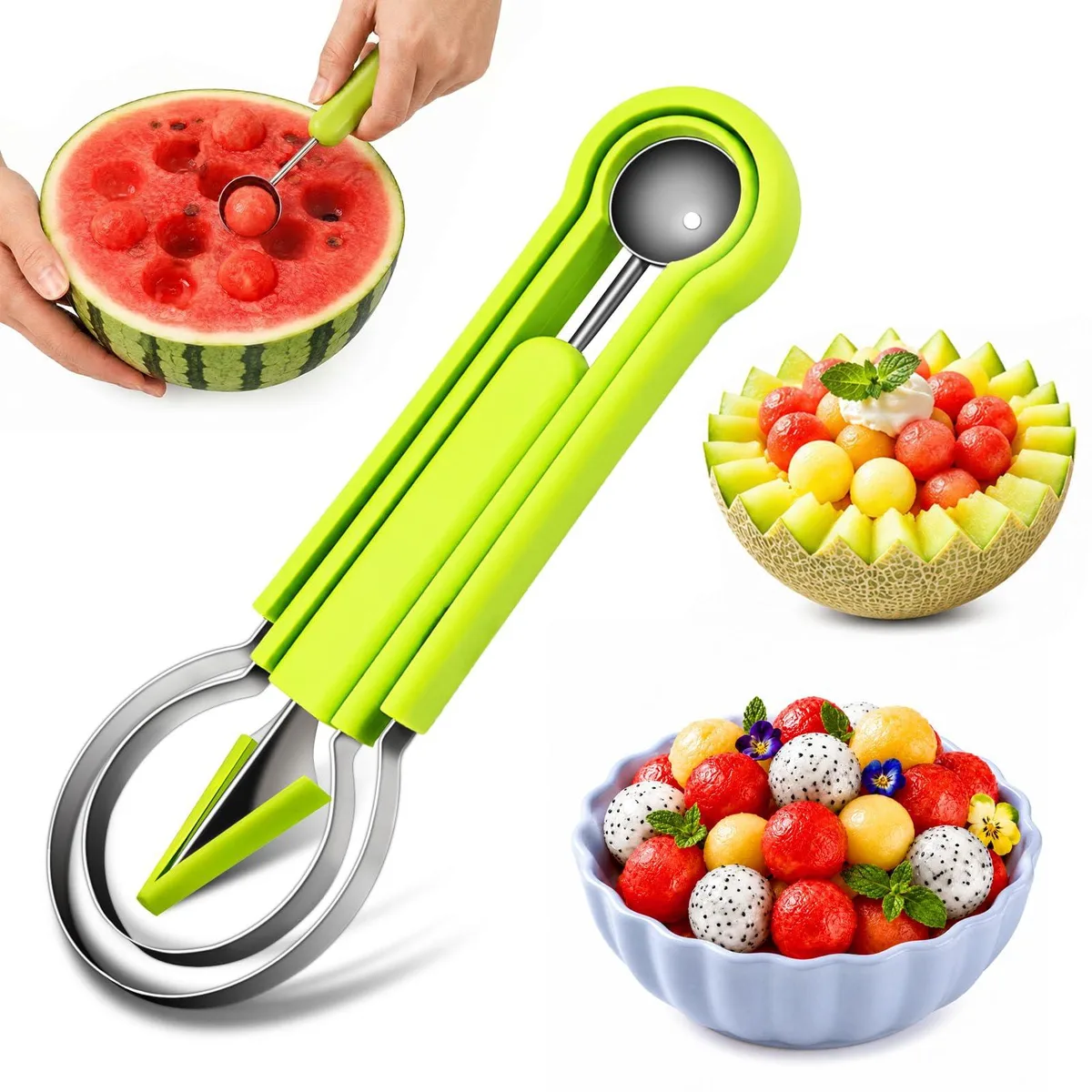 Green plastic and stainless steel melon baller set nested together, four tools in one compact unit