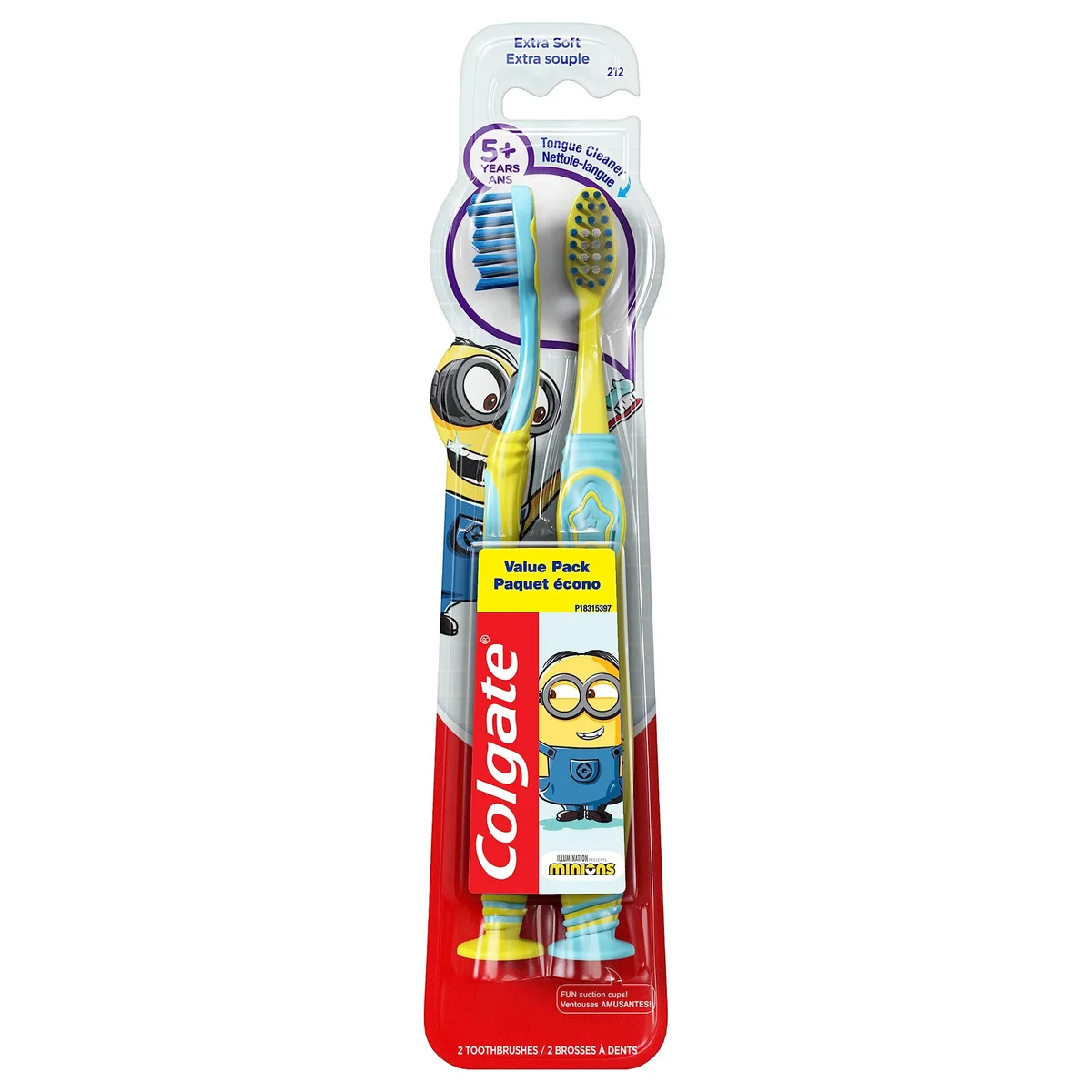 Two red Minion manual toothbrushes with suction cup bases extra soft bristles