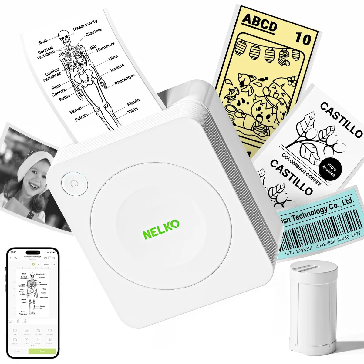 White compact thermal sticker printer with paper roll visible