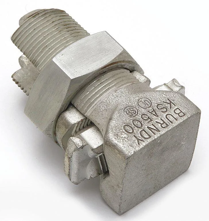 Aluminium split-bolt connector, tin-plated, square head, 3.62 in long, 1.5 in wide