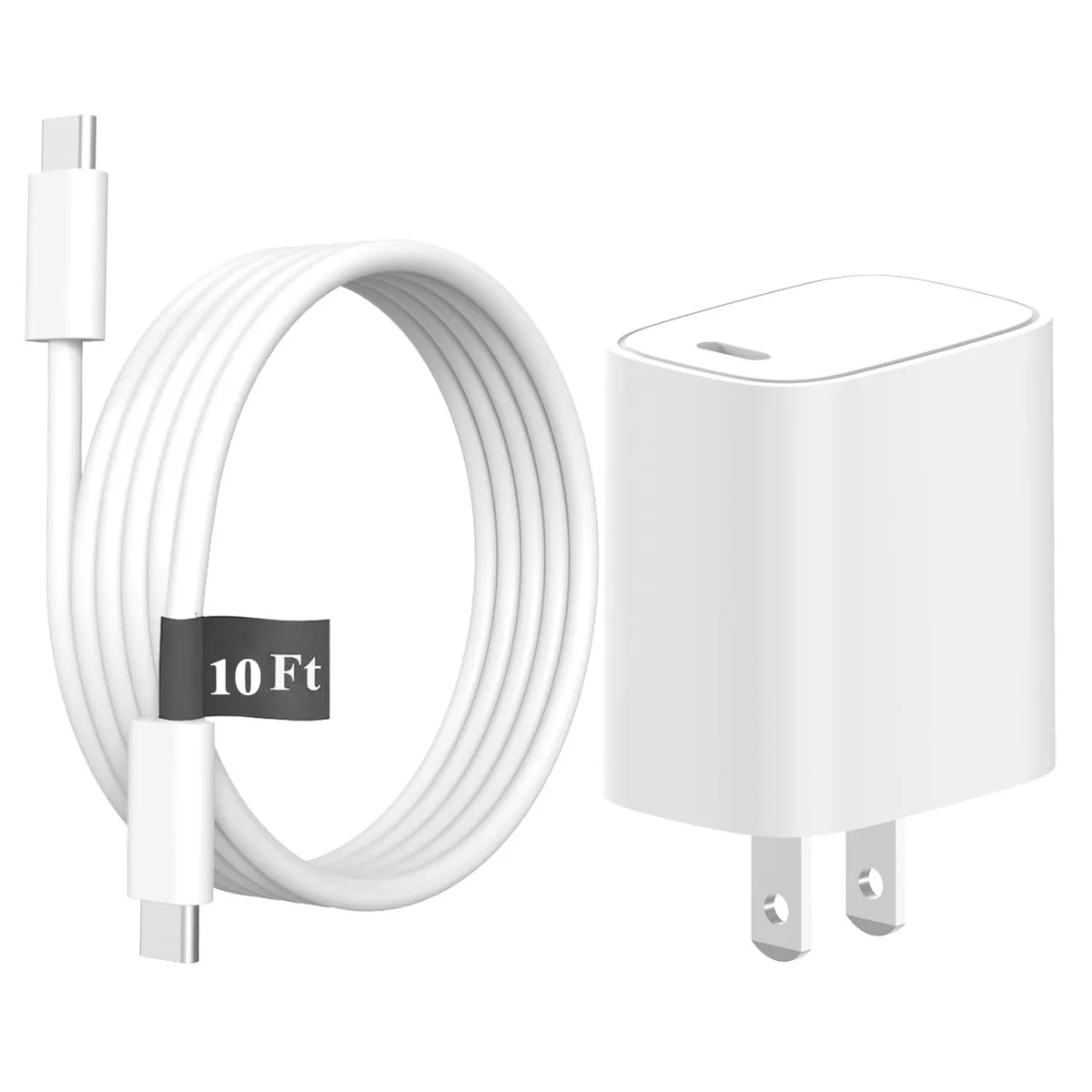 White USB-C wall charger with attached 10ft cable