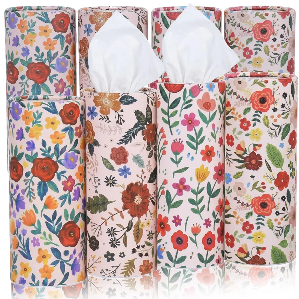 Eight round floral tissue tubes each holding 50 white sheets