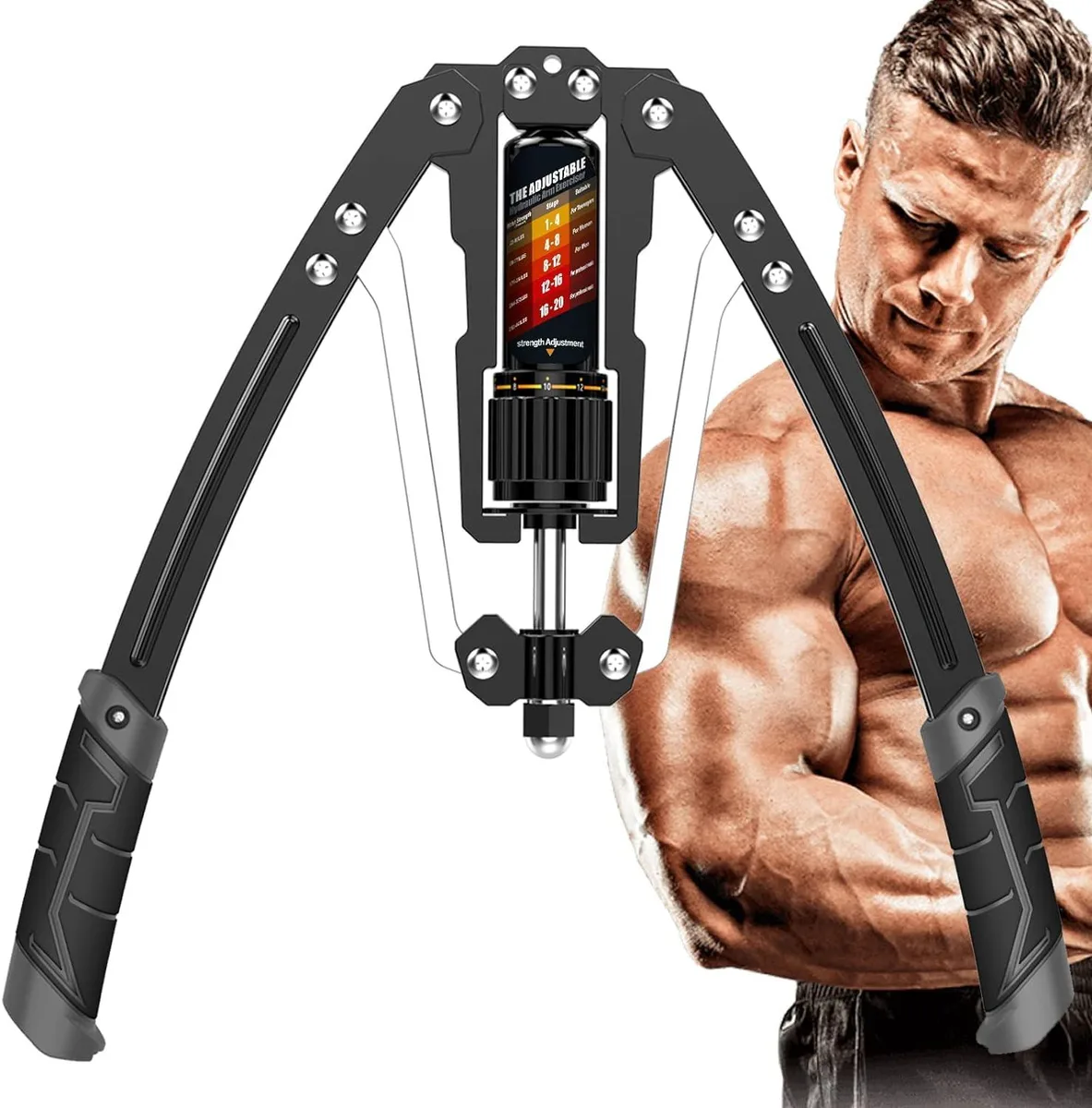 Black hydraulic arm exerciser with adjustable resistance knob and triangular steel frame, fixed handles, compact folded shape