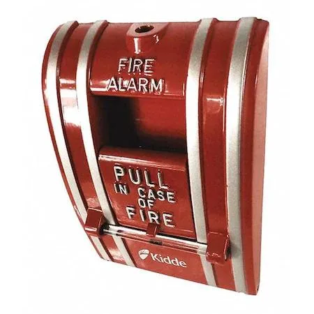 Red die-cast metal fire alarm pull station with break glass front, surface or flush mountable