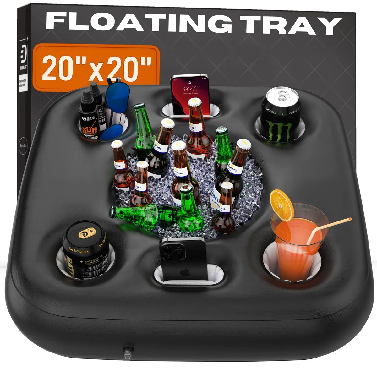 Twelve floating drink holders in black, avocado, transparent and pink matte vinyl