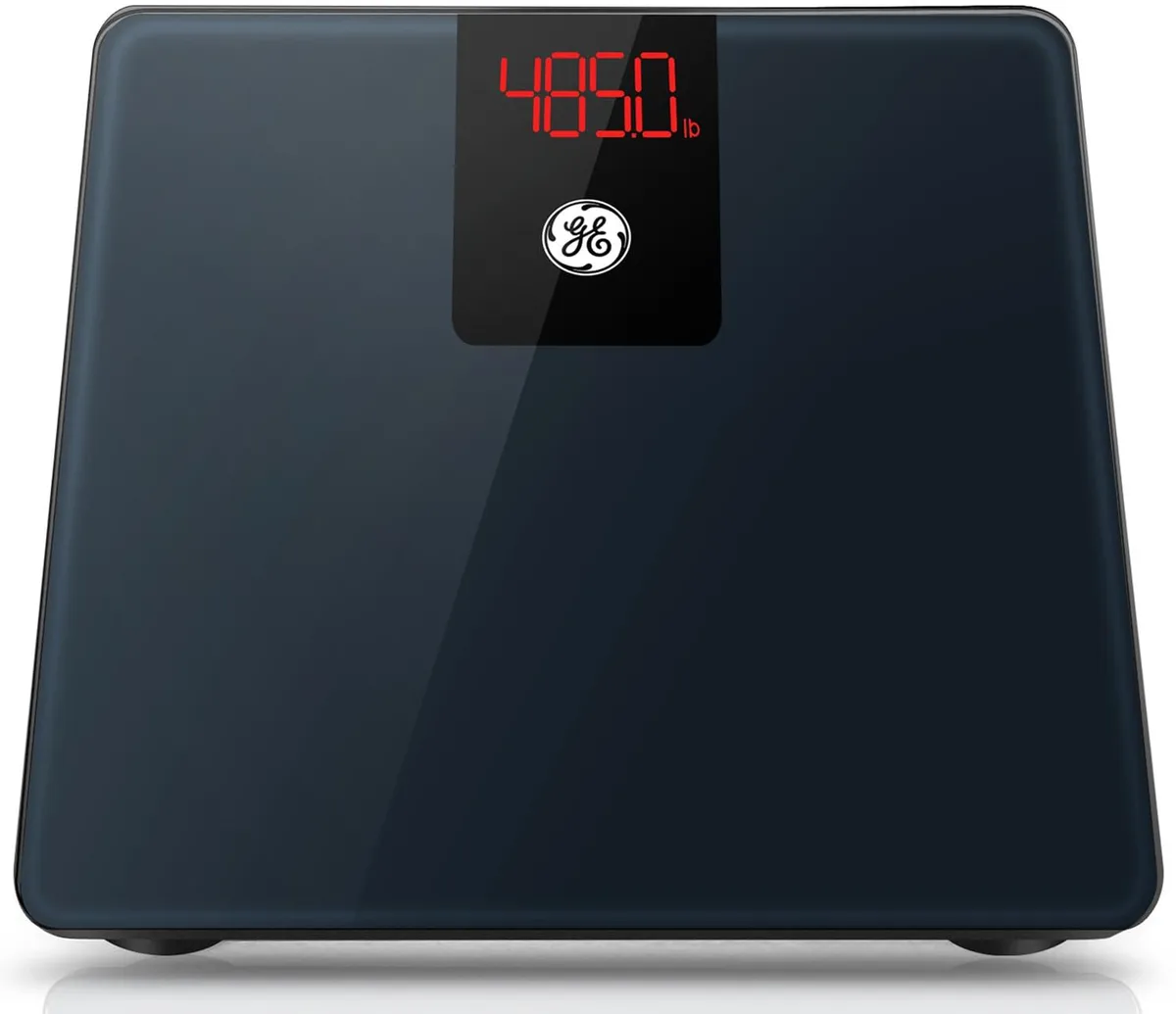 Black square digital bath scale with bright LED display, 11.8 inch platform, tempered glass surface