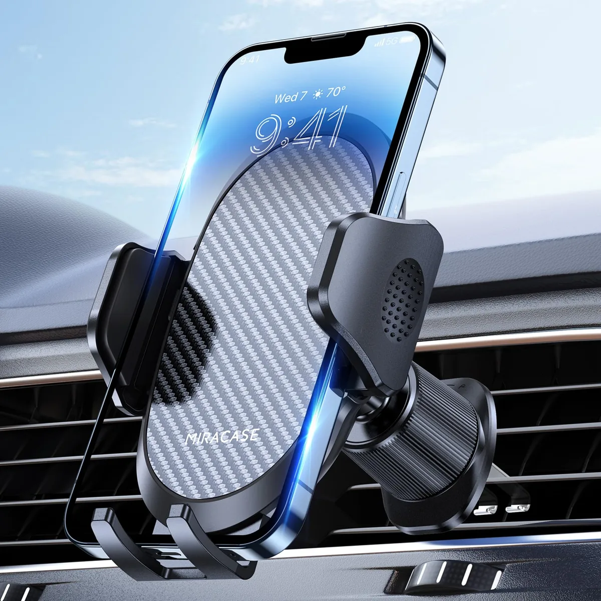 Dark black vent phone mount with metal hook clip and adjustable arms
