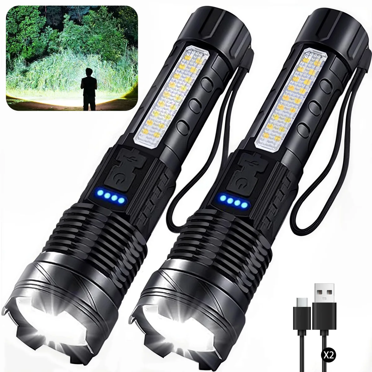 Two black cylindrical flashlights with textured grips and silver bezels