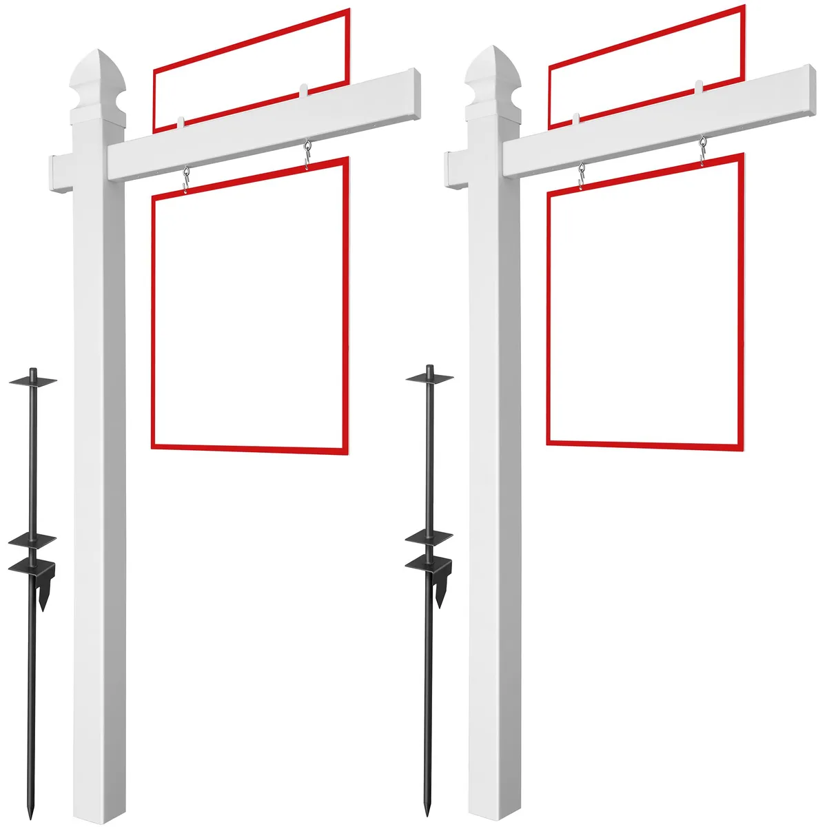 Two white PVC sign posts 72 inches tall with 36 inch cross rails and interchangeable flat or gothic caps