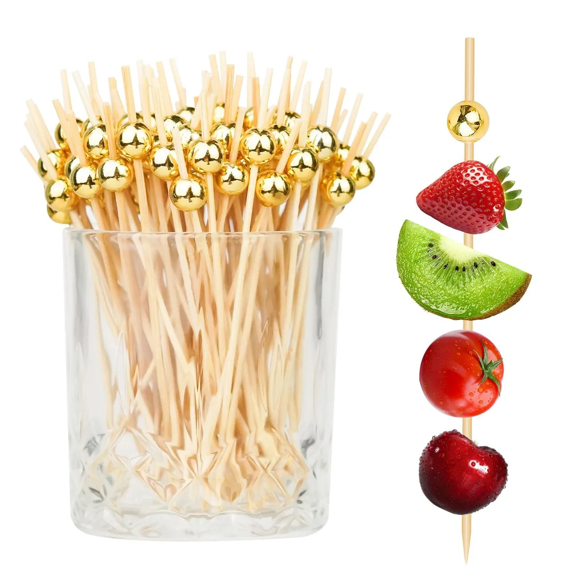 100 bamboo cocktail picks with gold ball tops, silver finish, 4.7 inch length