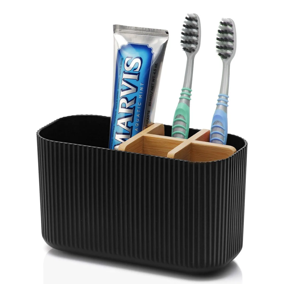 Black bamboo toothbrush holder with five slots and removable dividers
