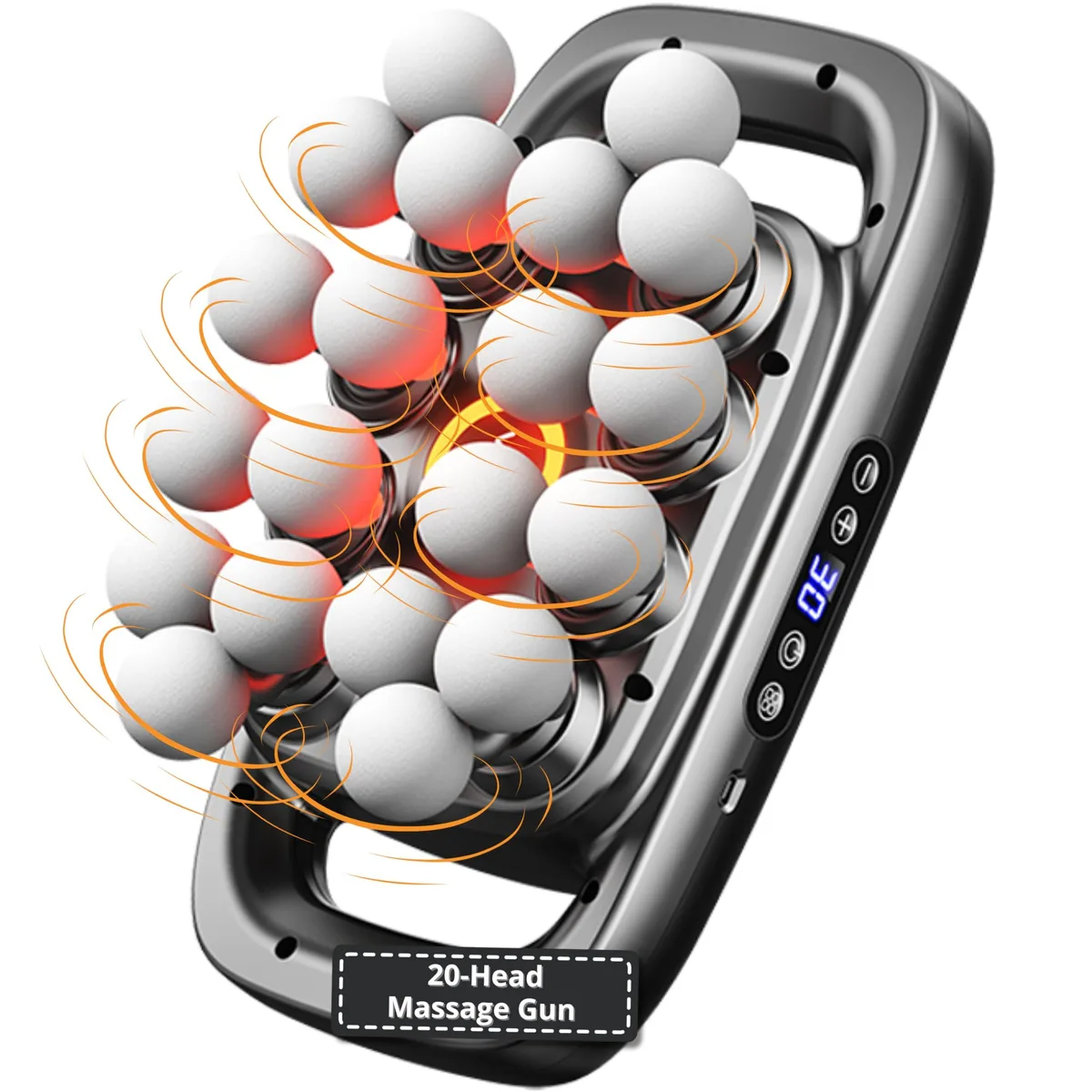 Gray handheld percussion massager with 20 interchangeable heads, 1.7 kg, 13.77 x 6.88 x 5.5 inches