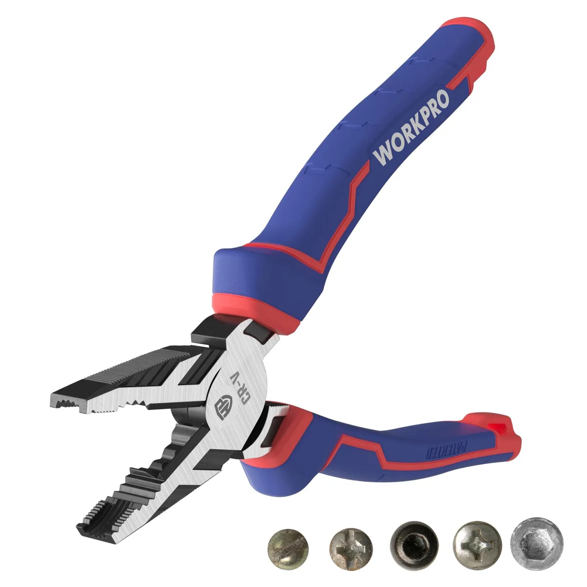 Blue 8-inch linesman pliers with plastic handles and non-slip jaws