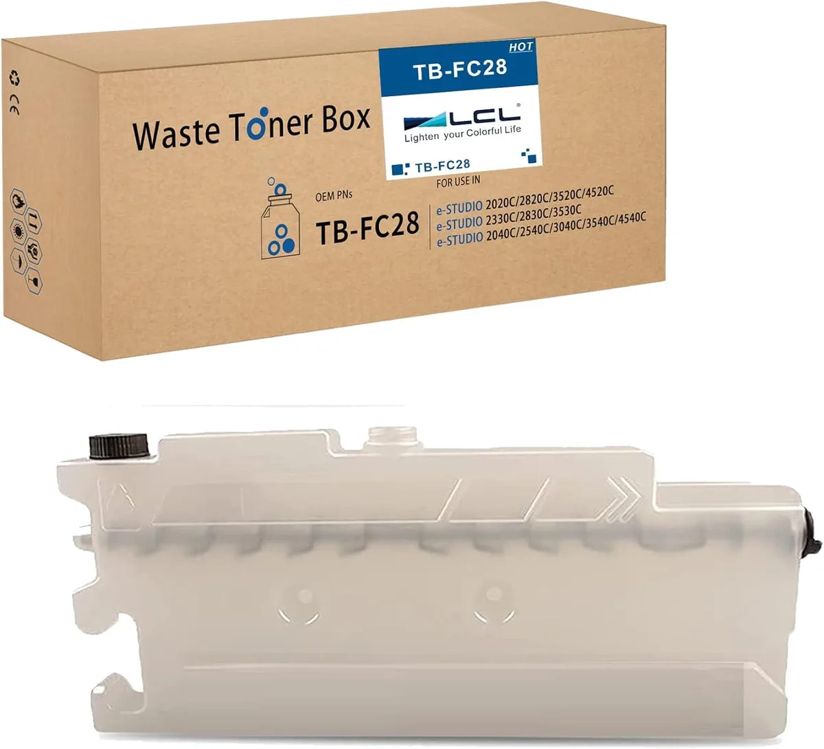 Rectangular plastic waste toner bottle in white with green label