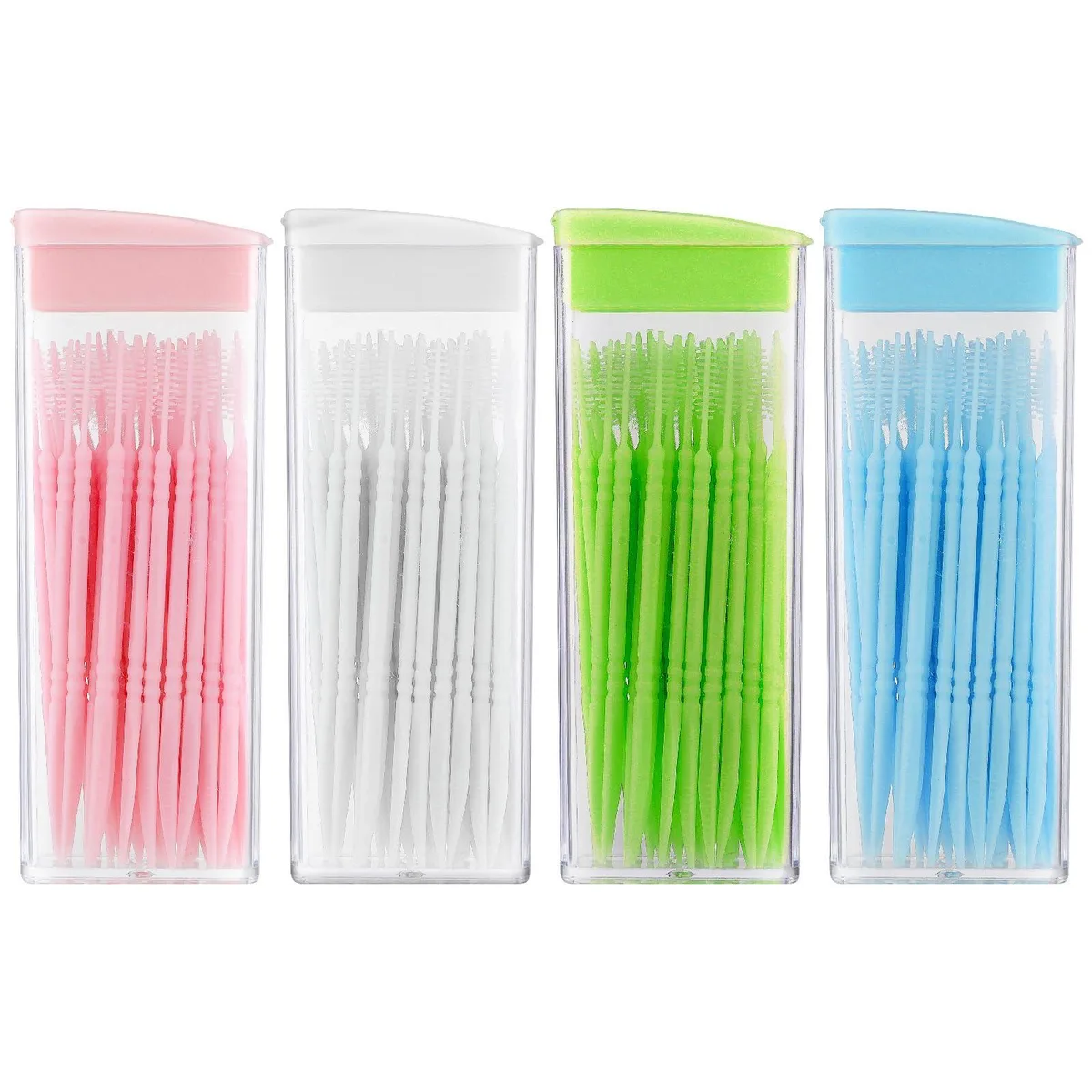 Blue plastic double-head toothpick flosser with small brush tip, 200 pieces in four storage boxes