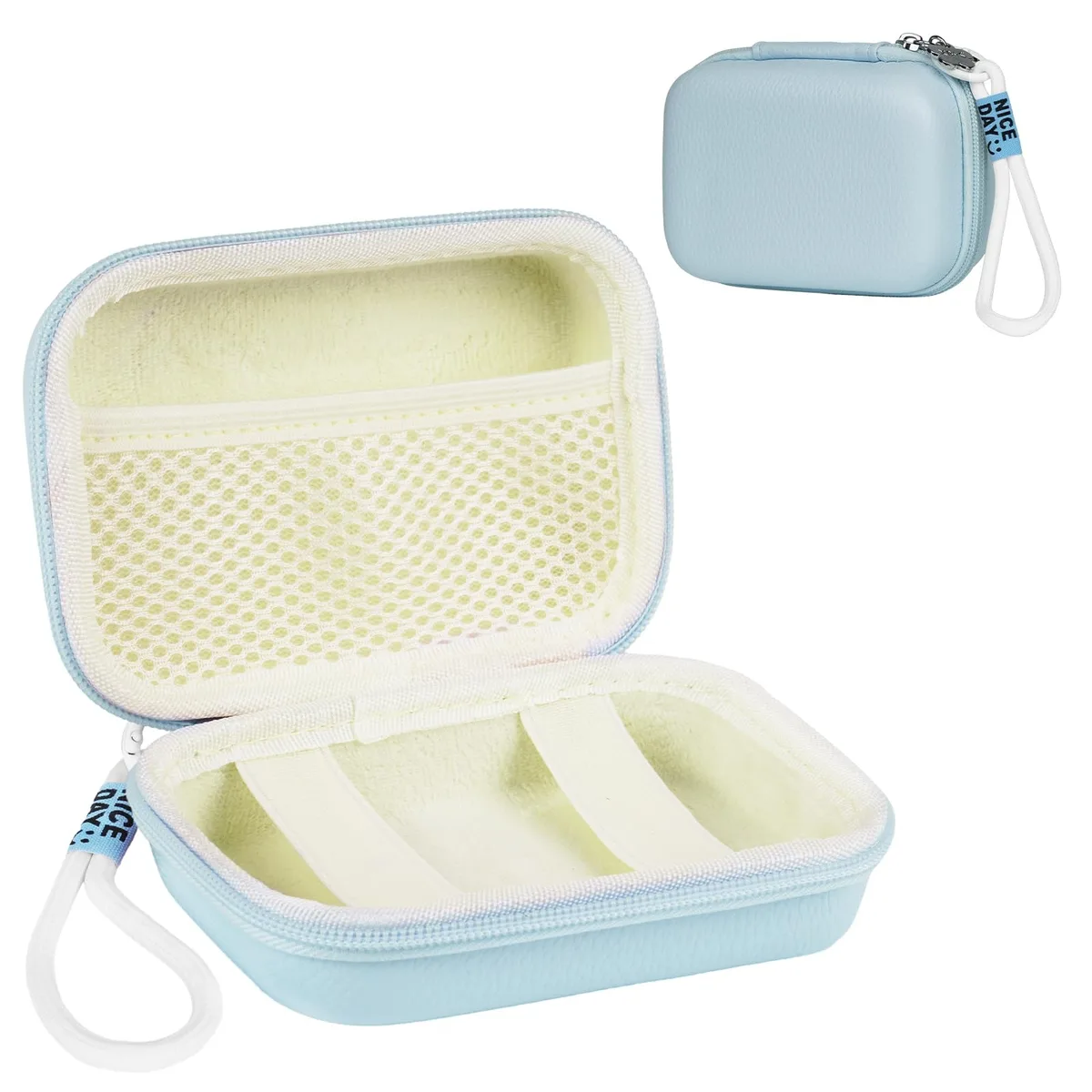 Blue Ainiv camera case, hard PU and EVA shell, lychee leather texture, detachable strap