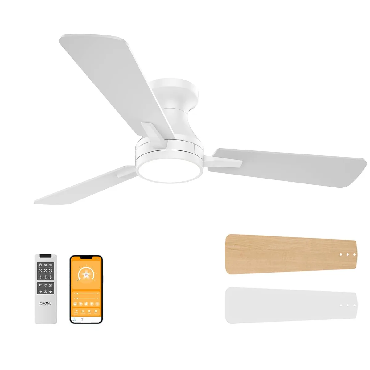 White 42-inch ceiling fan with three black blades, integrated LED light, metal housing, flush-mount design