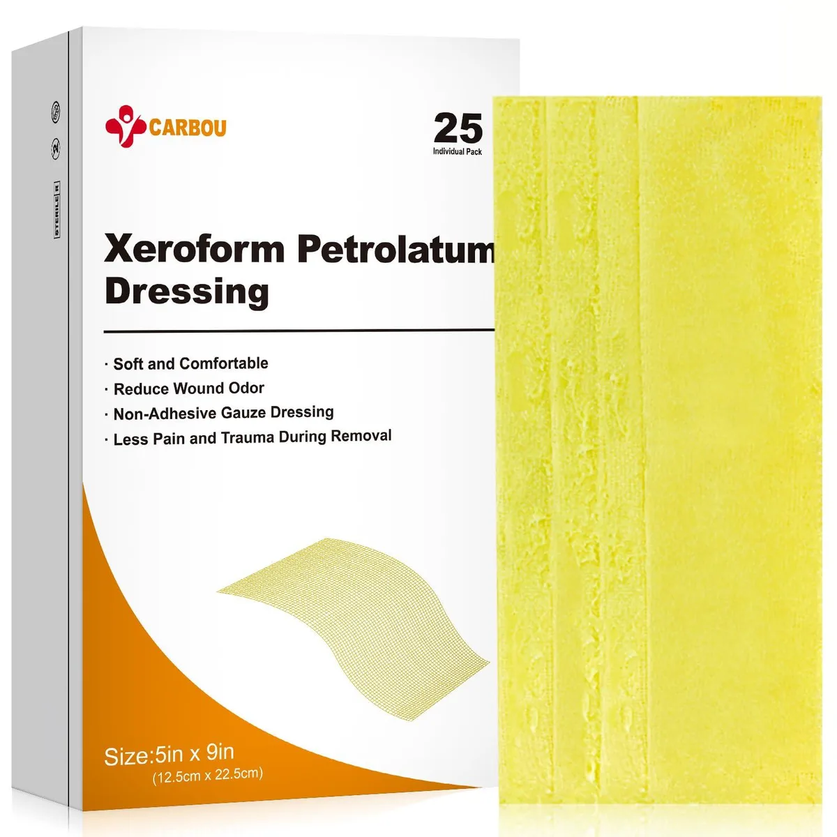 White rectangular box containing 25 sterile petrolatum gauze dressings 5x9 inches