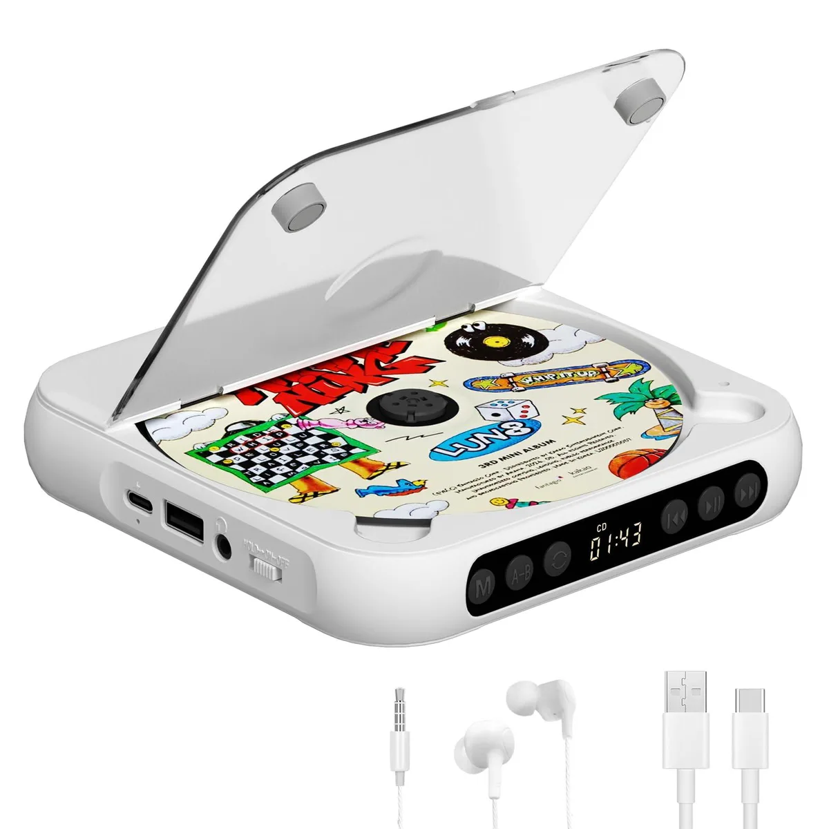  MICOCIOUS Portable CD Player White Bluetooth 5.3 2000mAh USB AUX 5.31in — product photo