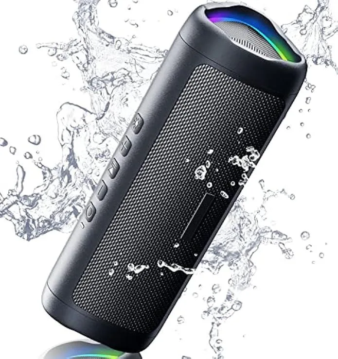 Black cylindrical Bluetooth speaker with fabric wrap and rubberised ends