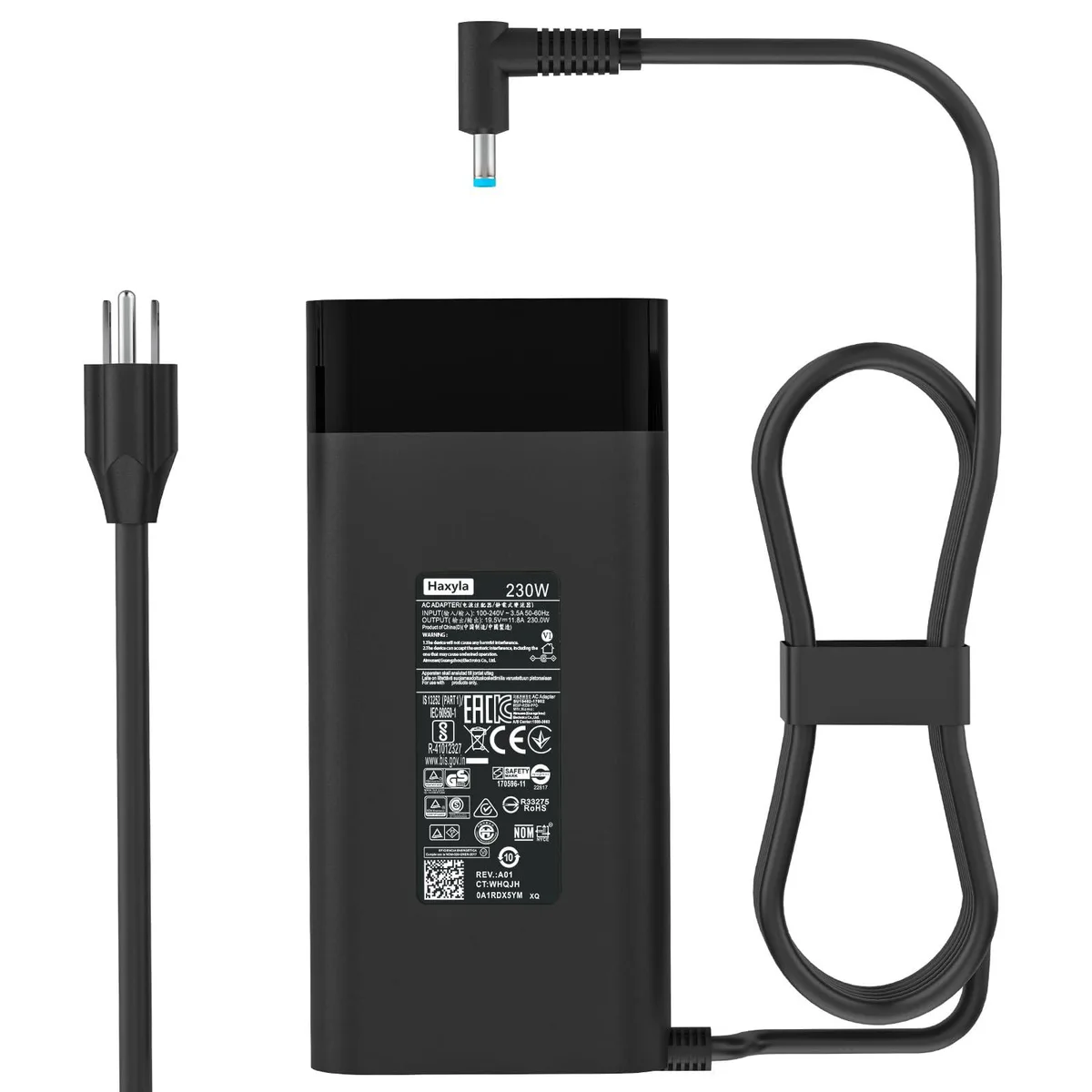 Black rectangular AC adapter with blue-tip barrel connector and detachable mains lead