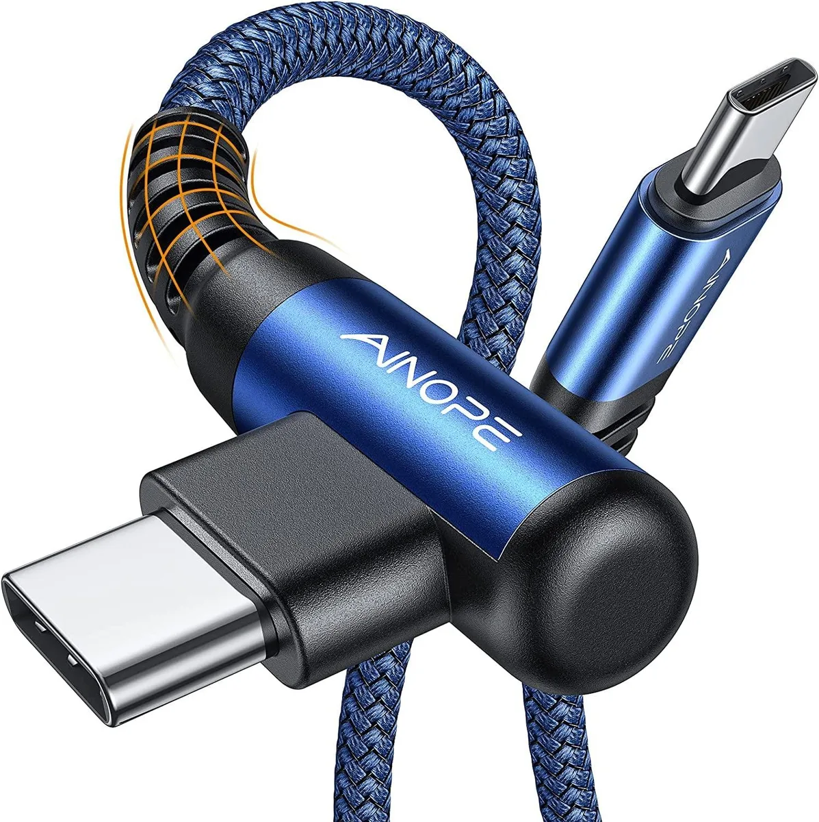 Two blue nylon-braided USB-C cables with right-angle connectors, ten feet each