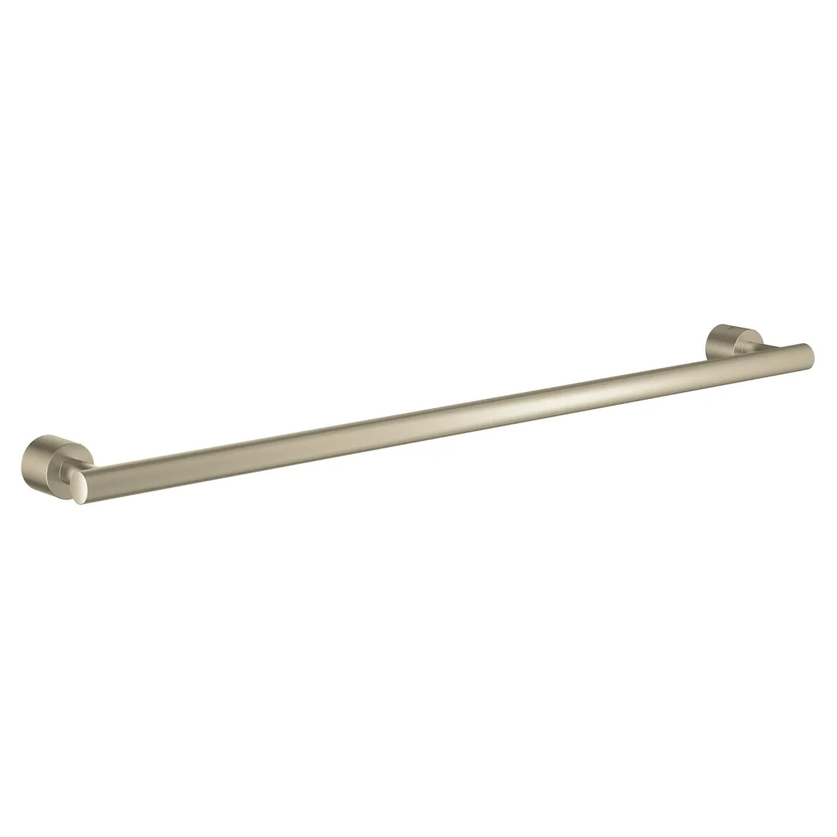 Brushed nickel towel rail, 24 inches long, cylindrical brass bar with concealed fixings
