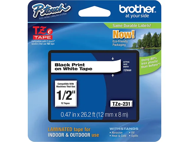 Brother Brother TZE231M 12mm (.47") x 8m (26.2') Black on White Laminated Label Tape scanner supply — product photo