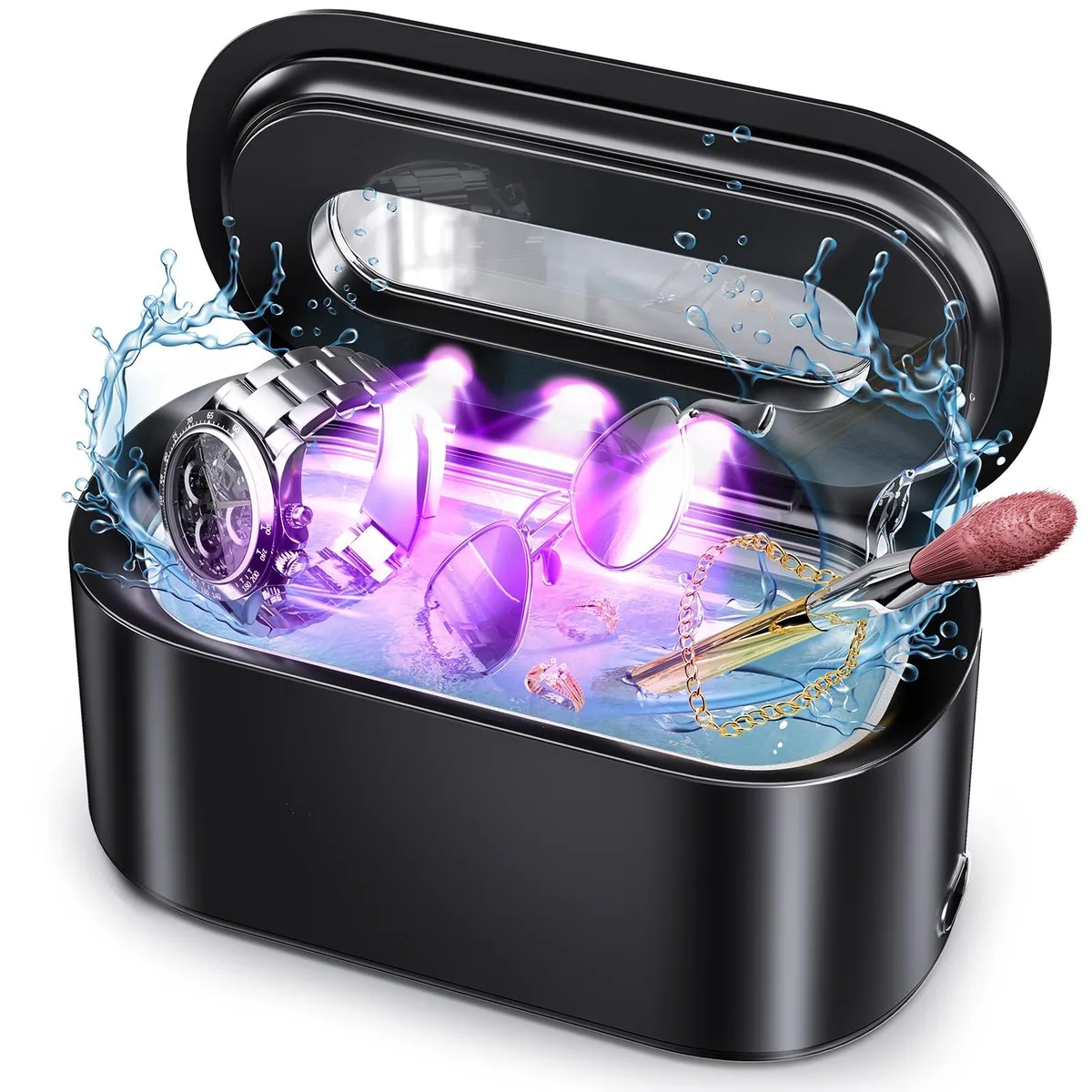 White oval ultrasonic cleaner with transparent lid and digital controls