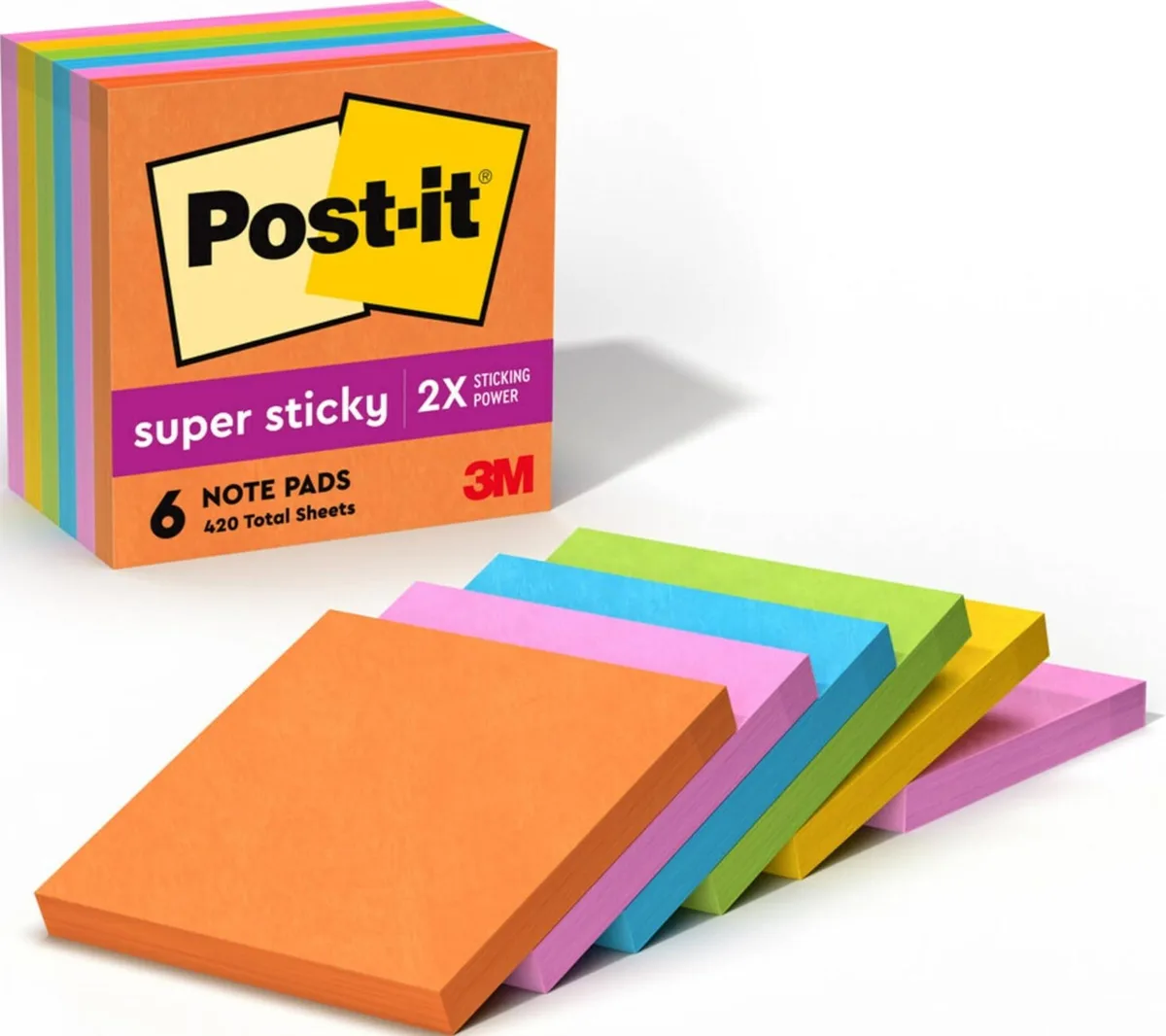 Six square neon pads in a paperboard box