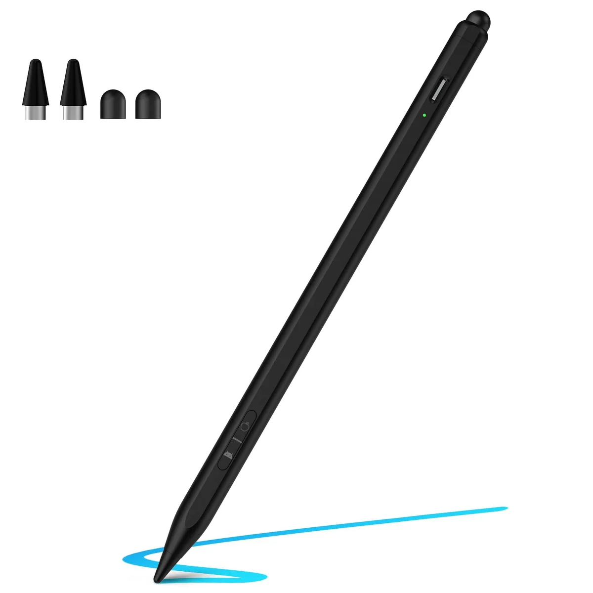 Black pen-shaped stylus with dual-mode buttons and indicator lights