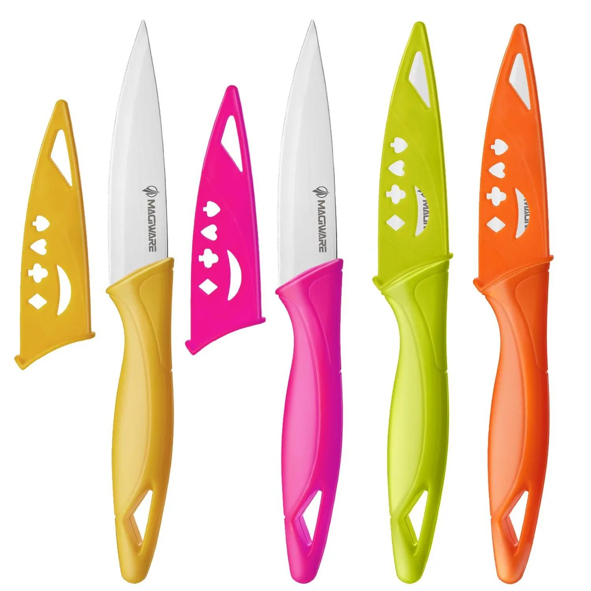 Four green paring knives with plastic handles and matching sheaths