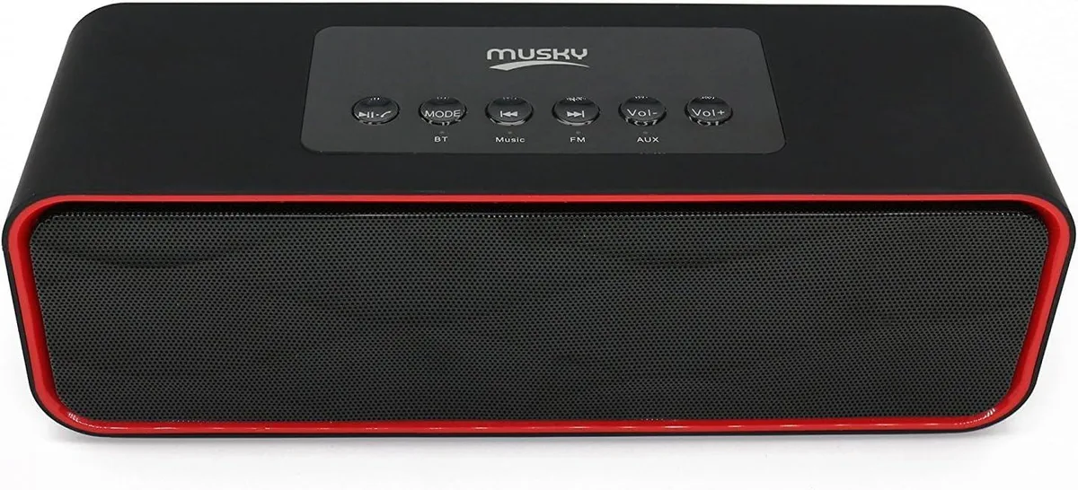 Rectangular portable Bluetooth speaker with fabric grille and rubberised sides