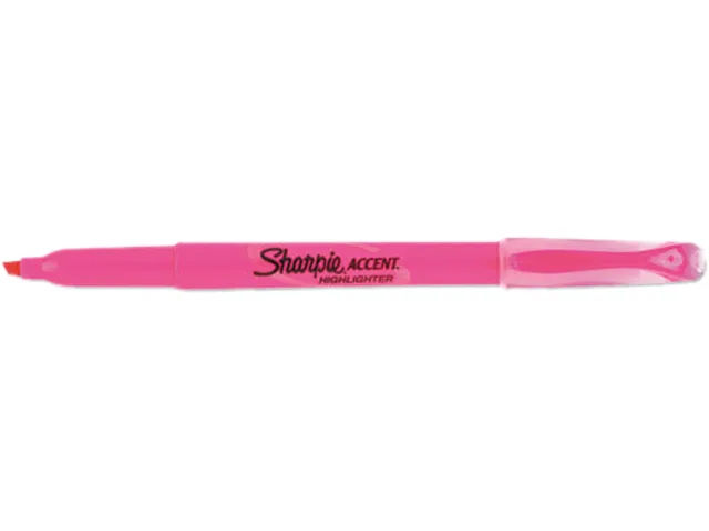 Twelve fluorescent pink chisel-tip highlighters in a clear barrel pack