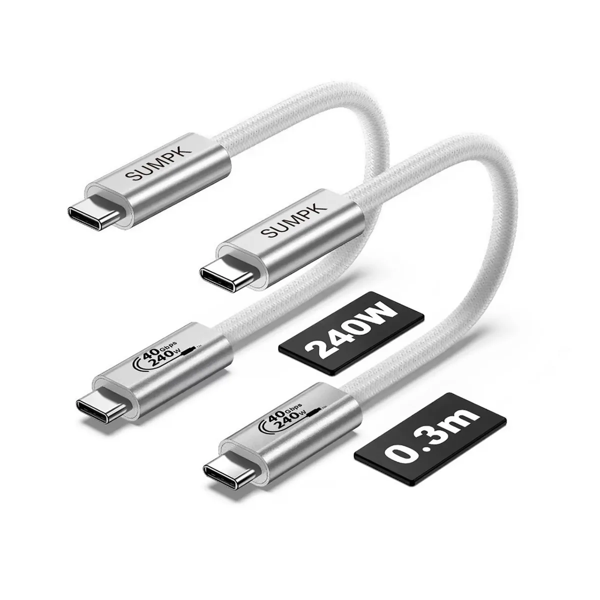 Two short white USB-C cables with straight male connectors lying side by side