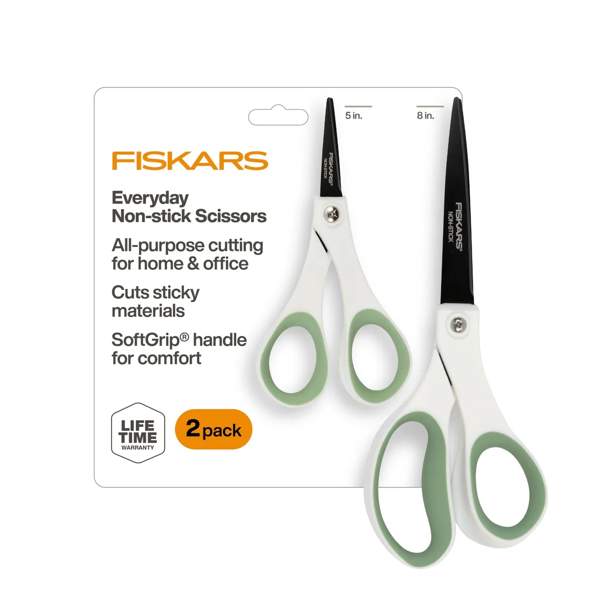 Two green scissors, 8-inch and 5-inch, with white and green SoftGrip handles, non-stick stainless steel blades