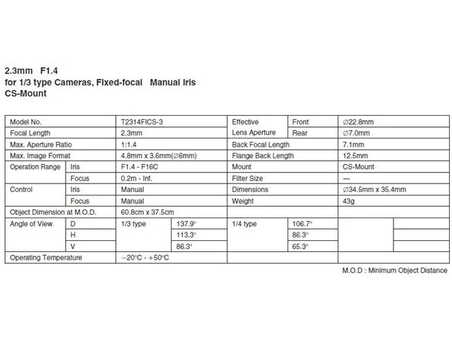 Computar Ganz Computar Ganz T2314FICS 1/3" 2.3mm f1.4 CS Mount cctv camera — product photo