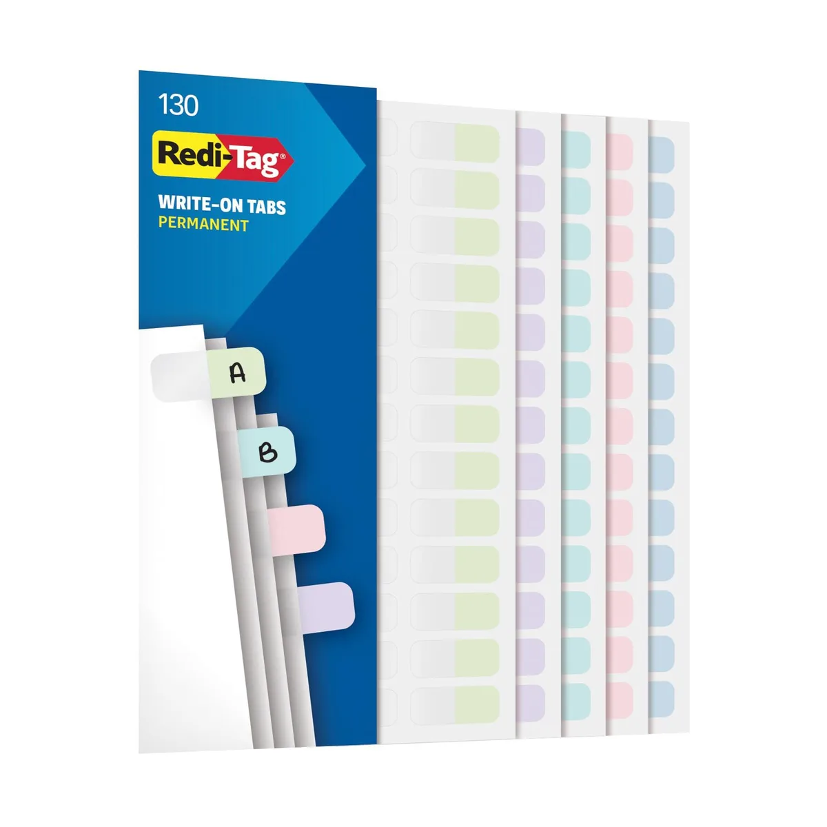 Pack of 130 pastel write-on index tabs, 1 by 7/16 inches, pink purple blue teal green