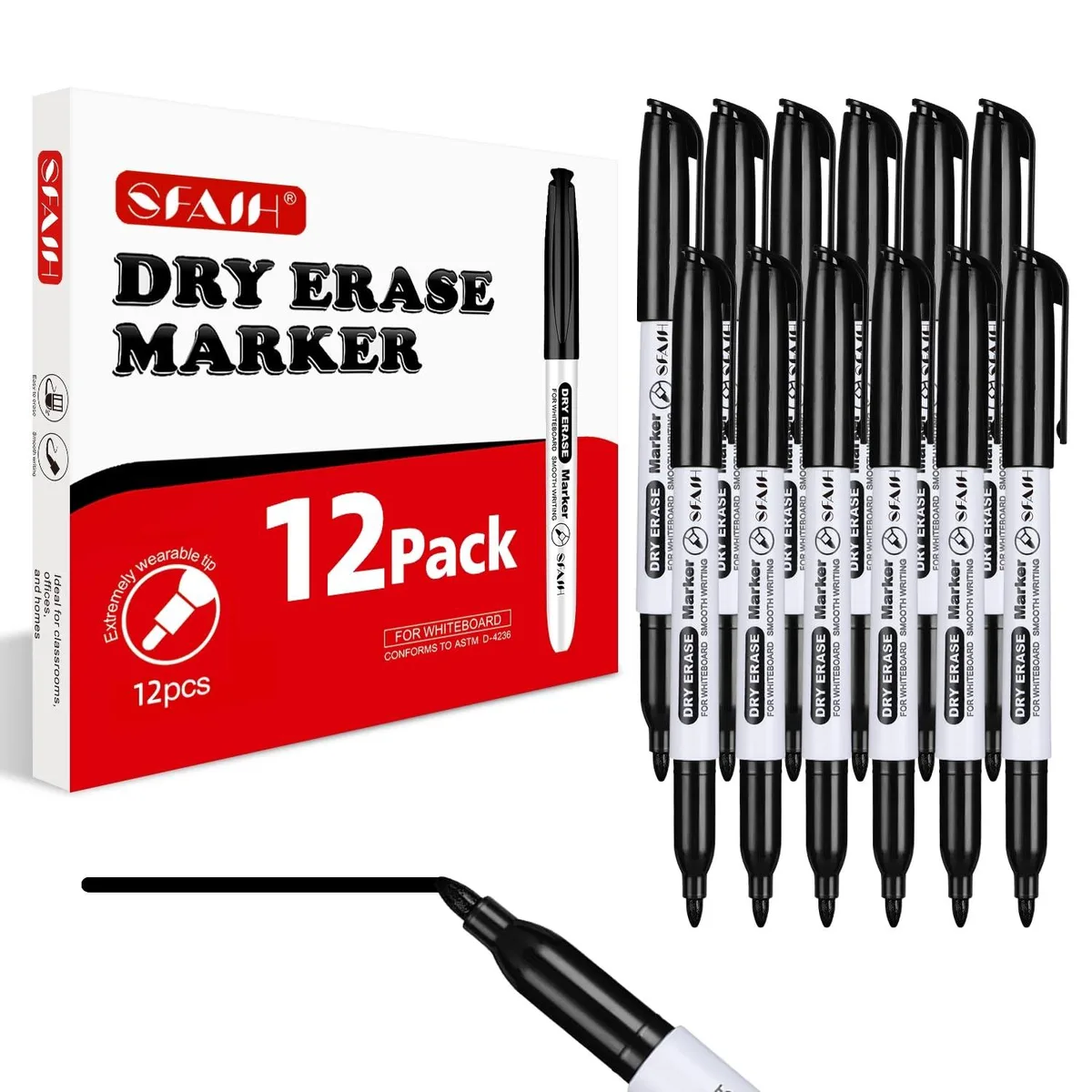 White box of twelve black fine-tip dry-erase markers