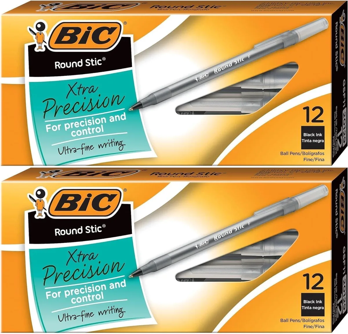 A clear plastic box holding twenty-four black ballpoint pens with silver clips and translucent barrels