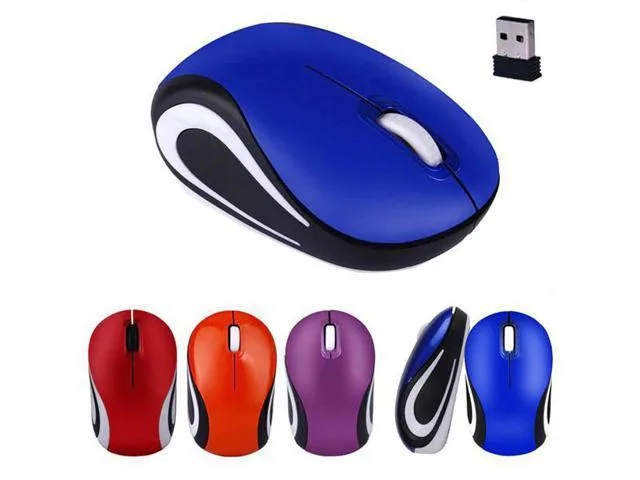 Small blue wireless mouse with USB receiver, compact oval shape, matte finish